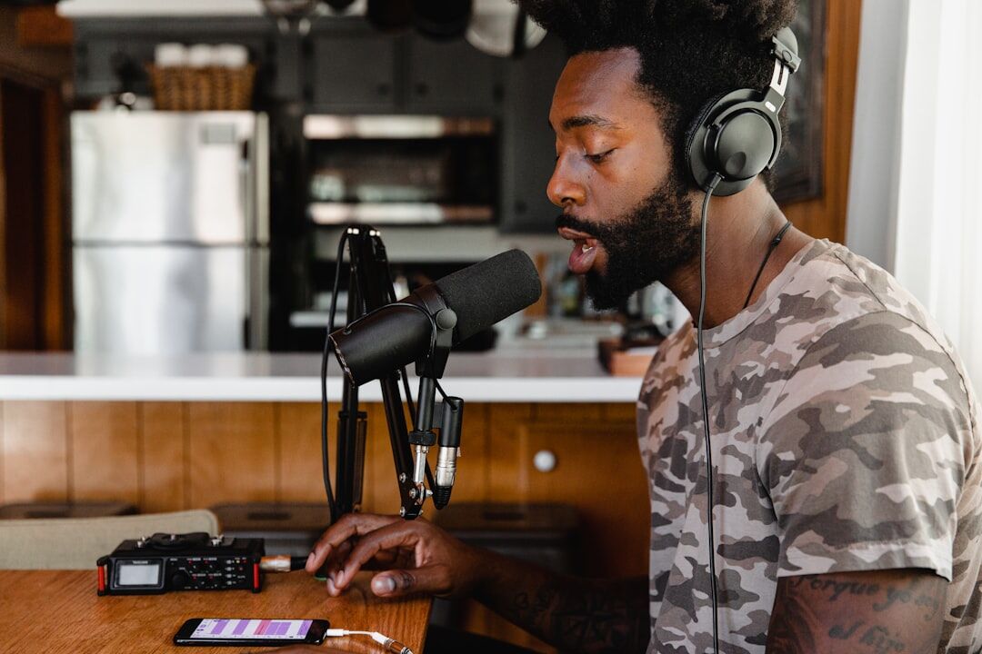 person listening to podcast